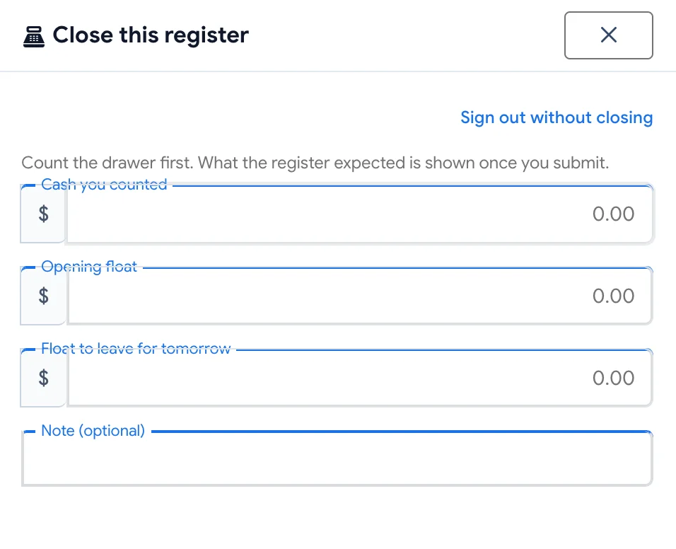 The register close screen asking the cashier to count the drawer before the expected amount is shown