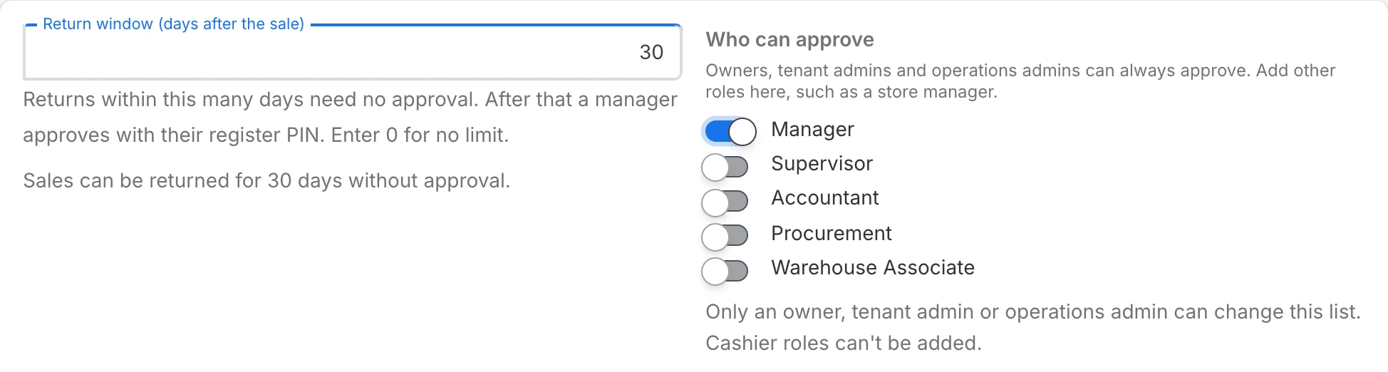 Order settings showing the return window in days and the roles that can approve a late return