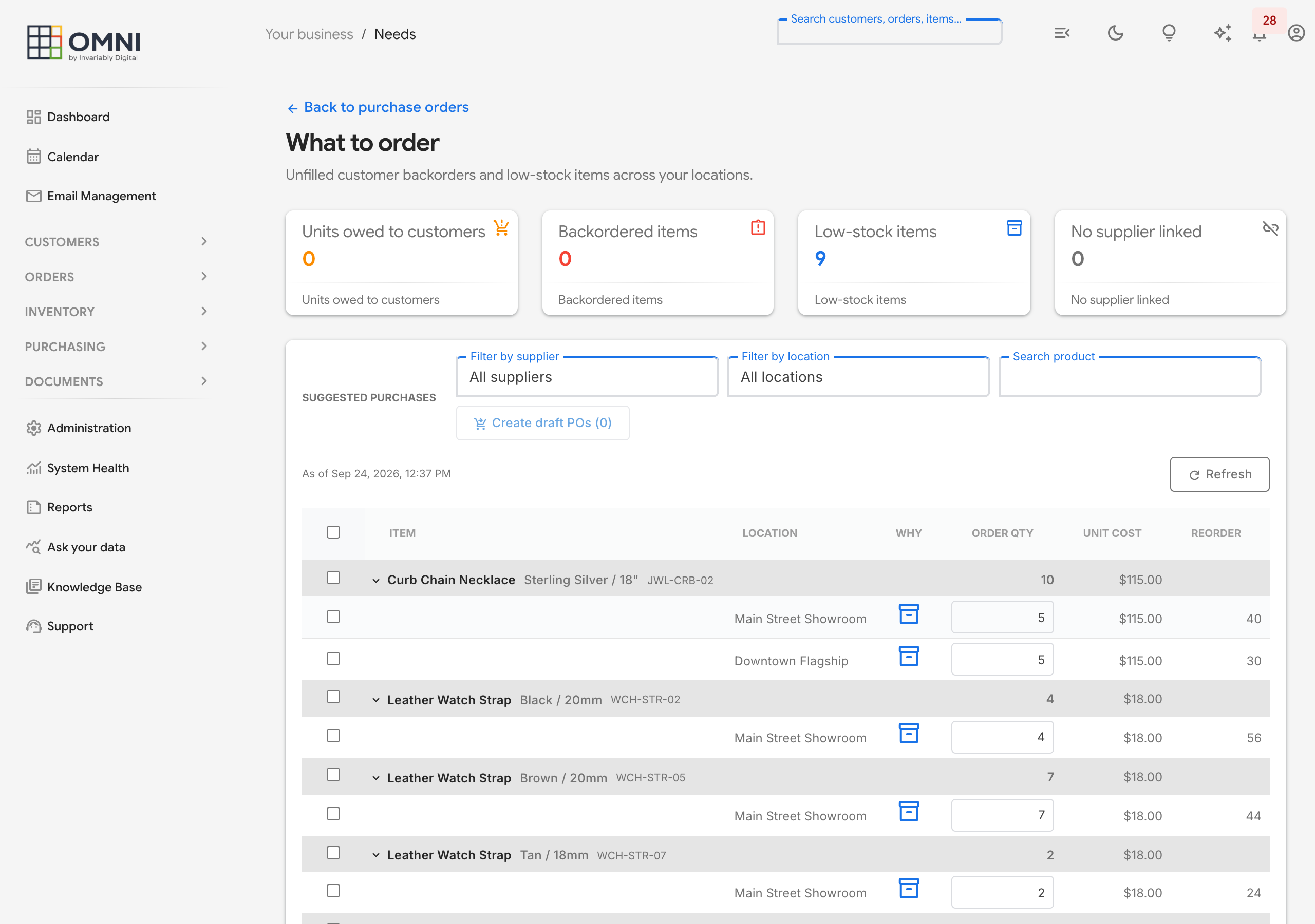 Omni What to order screen listing items with order quantities, unit costs and locations.